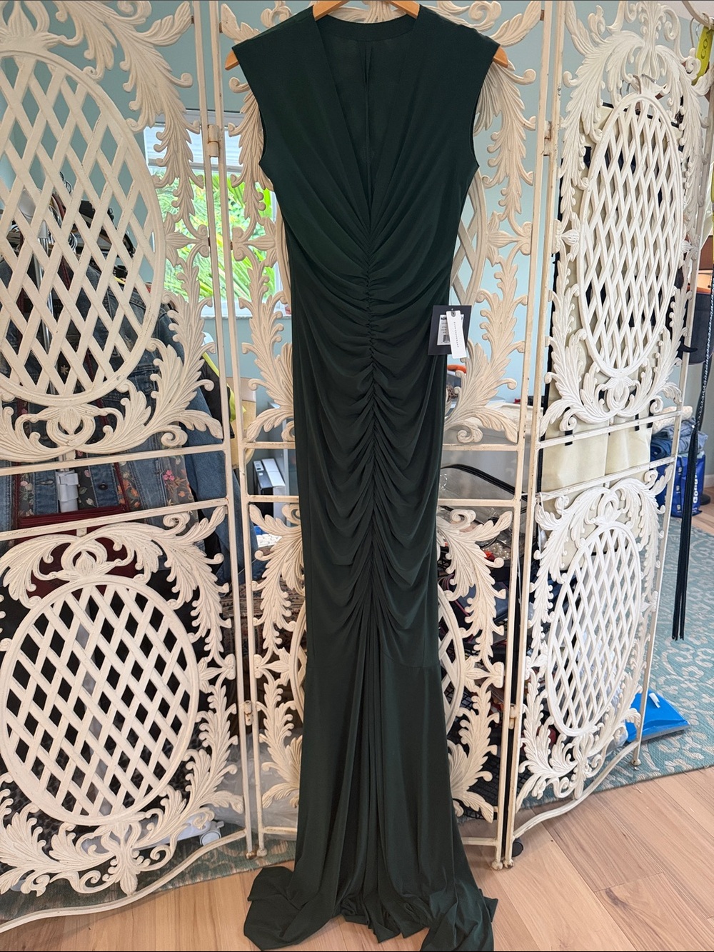 Anthropologie Deep Green Ruched Floor-Length Gown